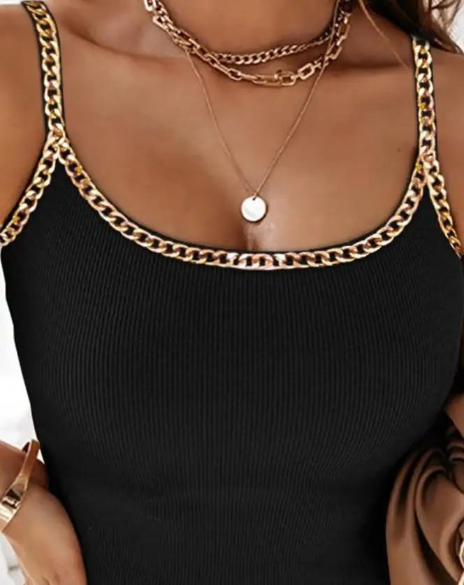 Y2K Top 2024 New Casual Summer Women's Tank Top Chain Decoration U-Neck Ribbed Camo Tight Sling Basic Tank Top Women's Clothing - Image 2