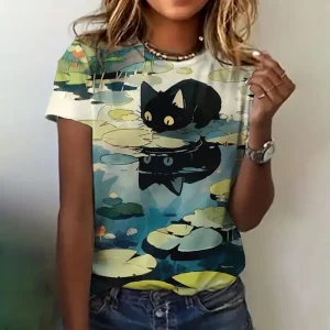 Women's Clothing T-shirt Cat Anime Print Crewneck Short Sleeve Summer Loose Casual Top Dating Elegant Clothing Women's T-shirt