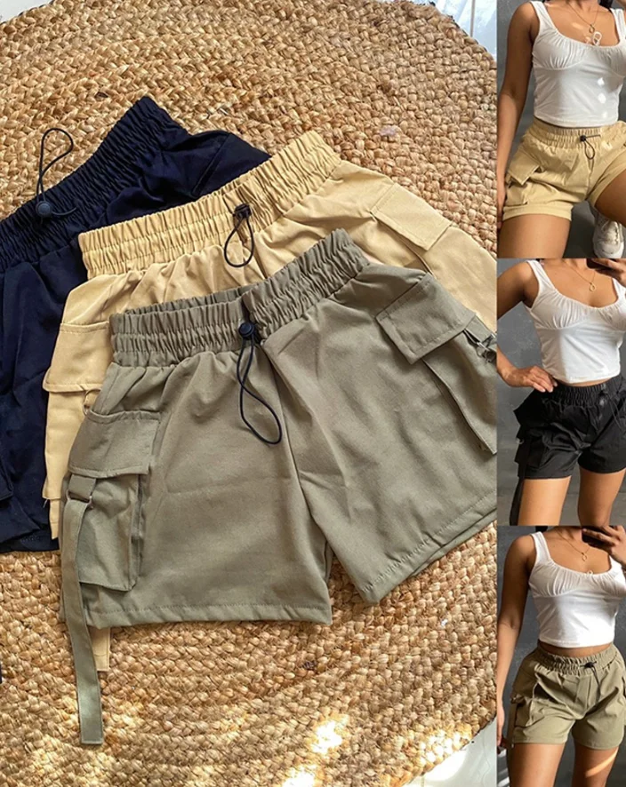 Cargo Pants Woman 2025 Summer Pocket Design Drawstring Cargo Shorts Casual Strechy Waist Shorts Womens Clothing Casual Shorts